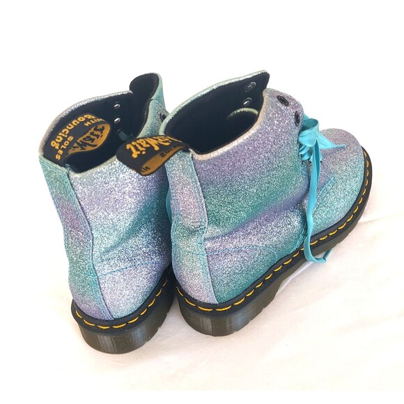DR. MARTENS Pascal 8-Eye Boots Fine Blue Glitter Combat Ribbon Laces Sz7 New - Picture 5 of 10
